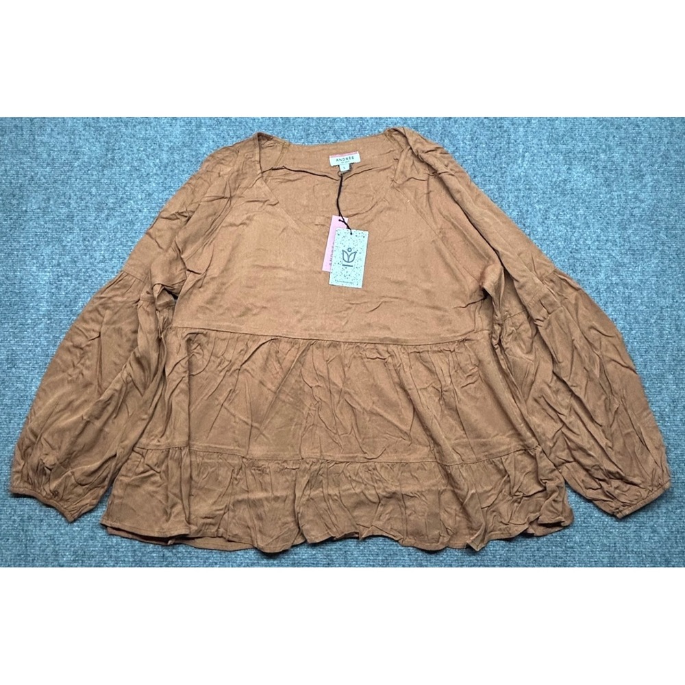 ANDRÉE by UNIT Top Womens L Brown Long Sleeve Tiered Ruffle Peasant Blouse New